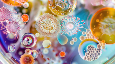 Colorful variety of microorganisms inside a petri dish plate, super macro zoom view, including bacteria, protozoa, algae, and fungiの素材
