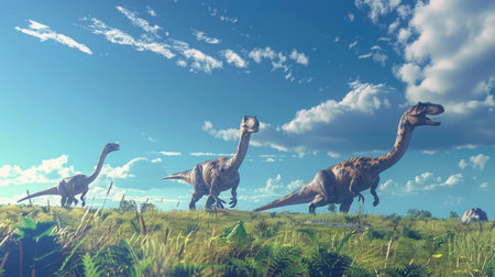 Dinosaurs in the Triassic period, roaming green grassland under a blue sky.の素材