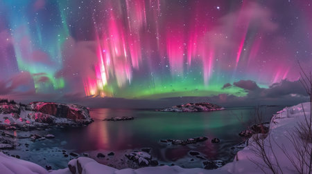 Colorful aurora borealis in a winter night sky, shining over a peaceful sea and islandsの素材