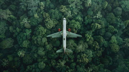 High-angle view of an airplane flying over a green rain forest, representing environmental conservation and nature.の素材