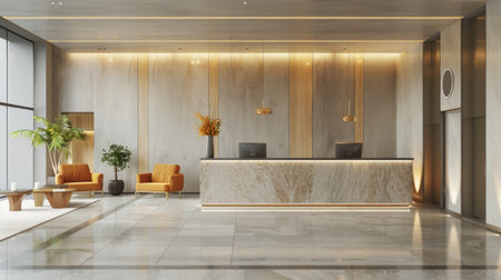 Interior of a luxury hotel lobby zone with a reception desk and relax area for guests, modern style and welcoming atmosphere.の素材