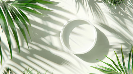 Elegant top view of a white blank cylinder frame in 3D render, with summer-themed background and palm leaf shadows for product mockupsの素材