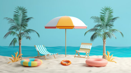 Minimalistic summer vacation beach scene with a realistic display podium, featuring sand, beach umbrella, chairs, and inflatable ring for product mockupsの素材