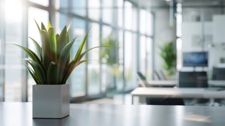 Modern office interior, blurred background showing workspace design, panoramic glass window viewの素材