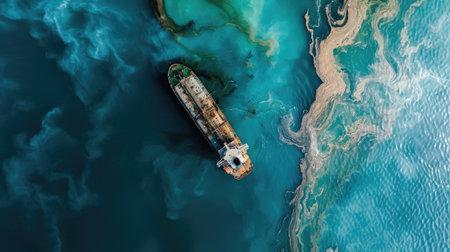 Ocean pollution caused by an oil spill from a cargo ship, illustrating the severe environmental damage and dangerous chemicals involvedの素材