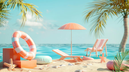 Realistic summer beach abstract background with a product display podium, featuring sand, beach chairs, and an inflatable ringの素材
