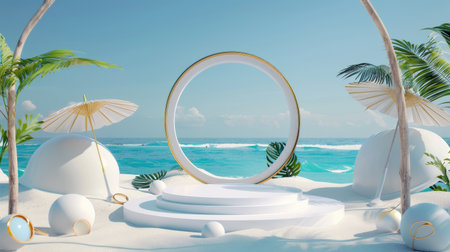 Realistic product display podium in a 3D summer vacation setting, featuring a blue ocean background and tropical elements like umbrellas and ringsの素材