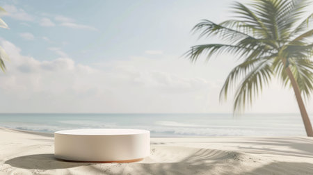 Product display podium on a summer beach background, 3D rendered with minimal design.の素材