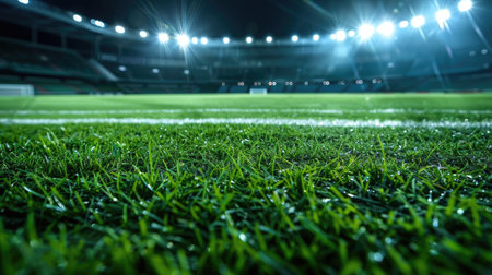 Soccer match stadium with spotlight on the green grass field, highlighting the anticipation for the game.の素材