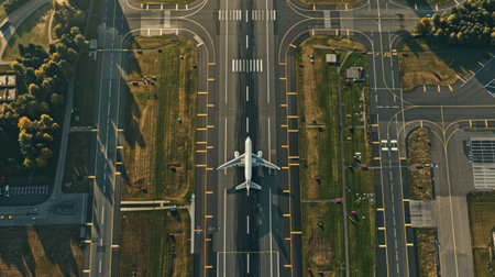 Top-down aerial view of an airport runway with airplanes taking off and landing, showcasing air travel.の素材