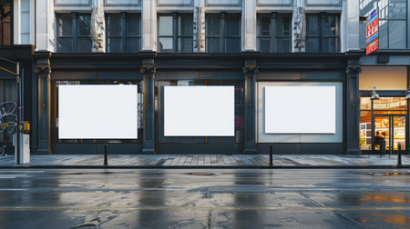 Urban cityscape with empty storefronts featuring white blank signs on billboard walls, street side.の素材