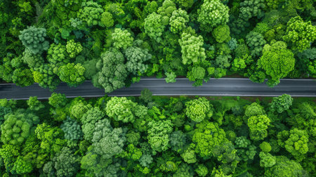 Top-down aerial view of an asphalt road cutting through vibrant green forest, highlighting environmental health.の素材