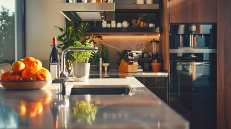 Stylish modern kitchen interior with luxury decor, featuring a sleek counter bar and high-end cooking equipment for a sophisticated lookの素材
