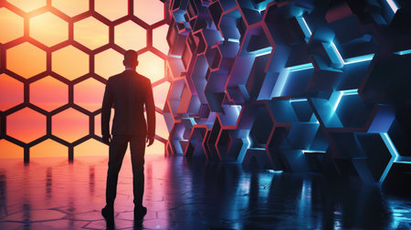 Businessman confidently stands before a futuristic hexagon backdrop, symbolizing innovation and modern business strategies in a digital era.の素材