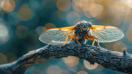 Cicada sitting on a tree branch with its wings spread openの素材