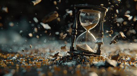 Surreal composition of a shattered hourglass with sands frozen in mid-air, symbolizing the passage and fragmentation of timeの素材