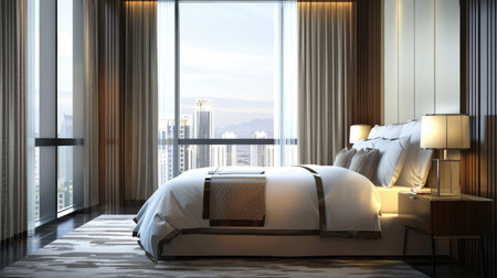 Stylish hotel bedroom interior with a bed, nightstand, and panoramic window. Modern and luxuriousの素材