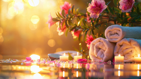 Luxurious spa scene with rolled towels, lit candles, and fresh flowers for a calming atmosphere.の素材