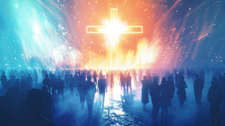 Faith and hope depicted with a glowing cross and crowd of people silhouettes, creating a powerful and inspirational imageの素材
