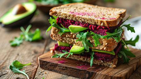 Vegan sandwiches with beet cheese, avocado, and arugula, showcasing a delicious and nutritious food optionの素材