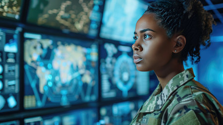 African American female soldier in uniform, interacting with AI technology in a modern military operations centerの素材