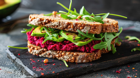 Beetroot hummus vegan sandwich with avocado and arugula, creating a vibrant and tasty vegetarian mealの素材