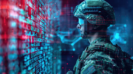 Military soldier's side profile, leveraging AI to analyze cyber threats and manage weaponry systems in warfareの素材