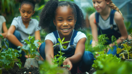 Group of diverse children joyfully gardening, planting vegetables in an environmentally friendly school settingの素材