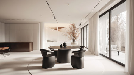 Living room with a minimalist design, featuring dark chairs, a black round table, white walls, and large windows. Modern and brightの素材