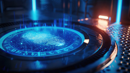 Conceptual image of a fingerprint scanner, highlighting the role of biometric technology in securing transactions.の素材