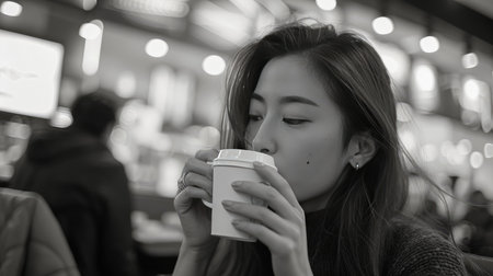 Casual pose of an Asian woman savoring coffee in a cozy coffee shop settingの素材