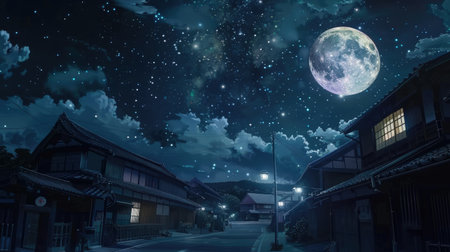 Night sky over a quiet town with twinkling stars, a full moon, and gently illuminated streets, all renderedの素材