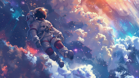 Astronaut floating weightlessly in space, surrounded by stardust and cosmic clouds, depicting a celestial dreamer.の素材