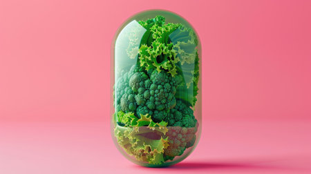 Conceptual image of dietary supplements in capsule form made from cruciferous vegetables, promoting health and the keto diet.の素材