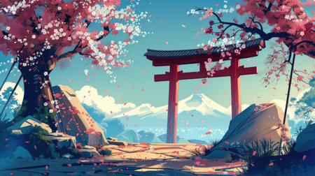 Anime style background of a shrine with a Torii gate, surrounded by cherry blossoms.の素材