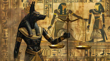 Anubis depicted with a scale, highlighting the concept of judgment and justice in ancient Egyptian mythology.の素材