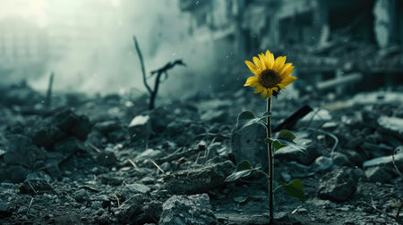 War's destruction with a lone sunflower, highlighting hope and survival.の素材