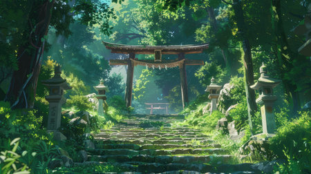 Anime-inspired scene with a Torii gate and shrine amidst lush greeneryの素材