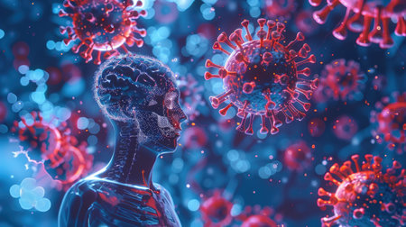Viruses depicted inside the human body, showcasing the challenges of combating viral infections.の素材
