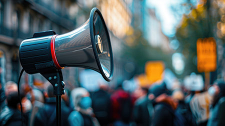 Symbolic megaphone at a protest with a blurred backdrop, highlighting the power of collective voices.の素材