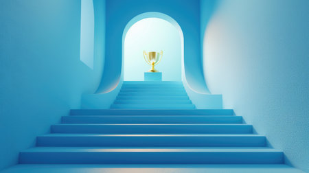 Steps leading to a trophy at the top, representing the journey to achievement and success.の素材