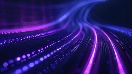3D render of purple-blue light lines through a dark background, high-speed warp effectの素材