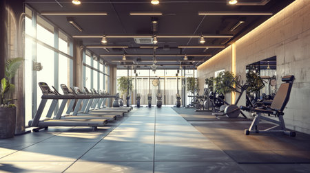 Modern fitness gym with exercise equipment, spacious and well-lit, perfect for working out and staying healthy.の素材
