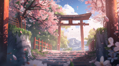 Anime style background of a shrine with a Torii gate, surrounded by cherry blossoms.の素材
