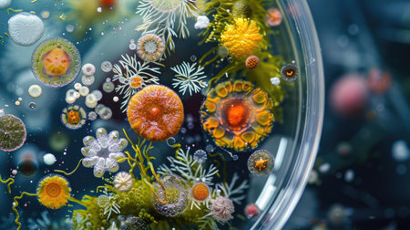 Close-up of diverse microorganisms in a petri dish, with bacteria, protozoa, algae, and fungi under super macro zoom.の素材