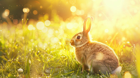 Happy bunny playing on a grassy meadow in the morning sunlight, representing Easter festival joy.の素材