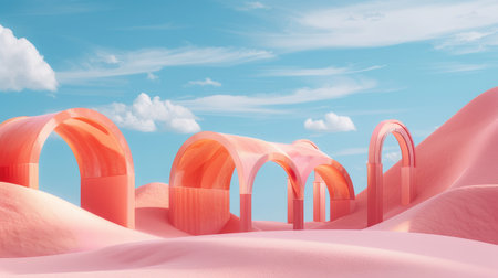3D rendered pastel landscape with surreal geometric shapes and arches, abstract desert dunes, blue sky, and cloudy backdrop.の素材
