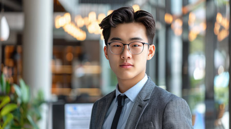 Young Asian businessman in formal wear, confidently posing in an office, representing professional successの素材
