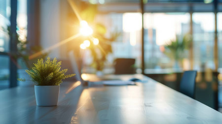 Indoor office room with modern design, blurred background during working hours, panoramic view through glass windows.の素材