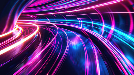 Abstract motion light trails with vibrant neon lines, showcasing futuristic technology and virtual reality dynamics.の素材